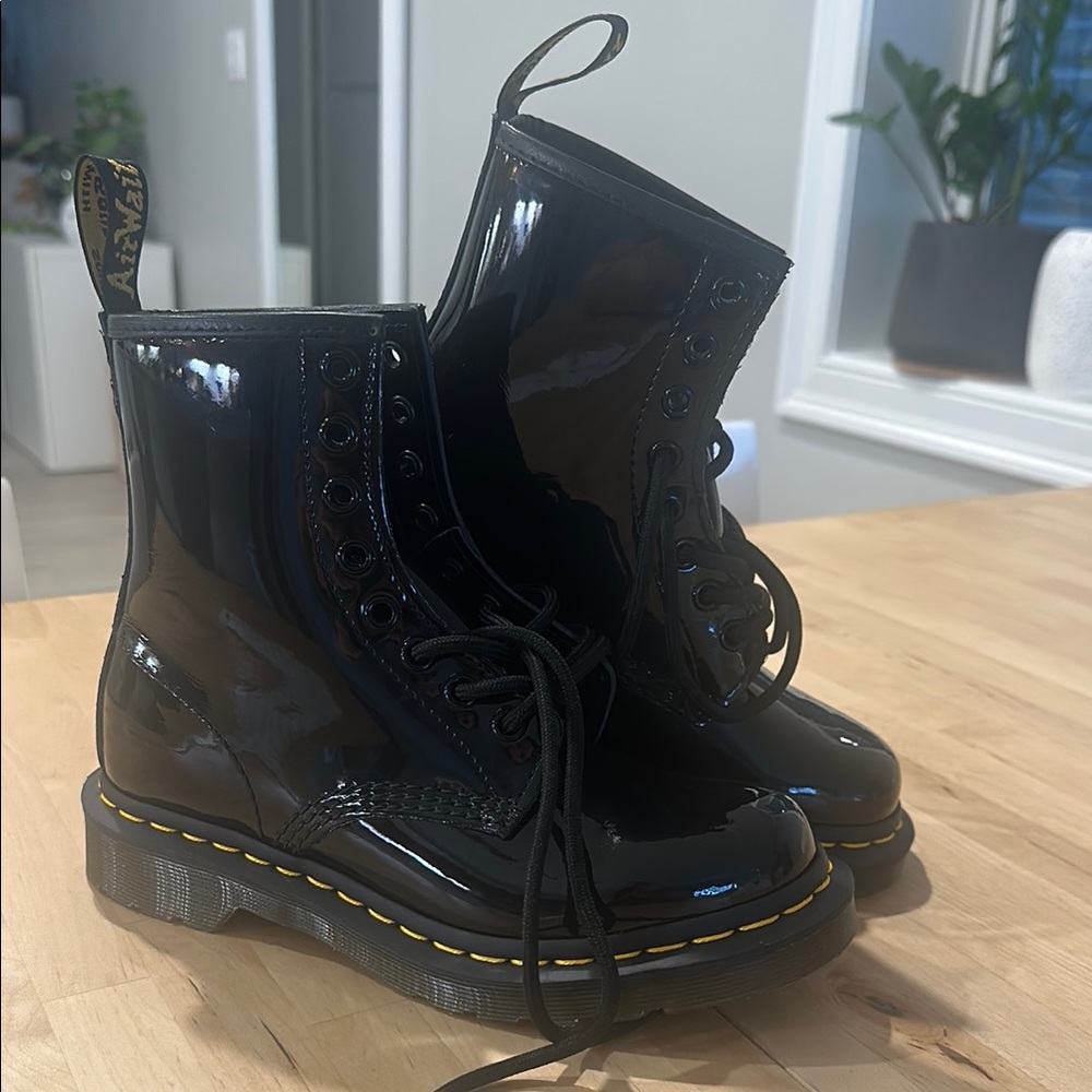 Dr. Martens Black Combat Boots with Glossy Finish